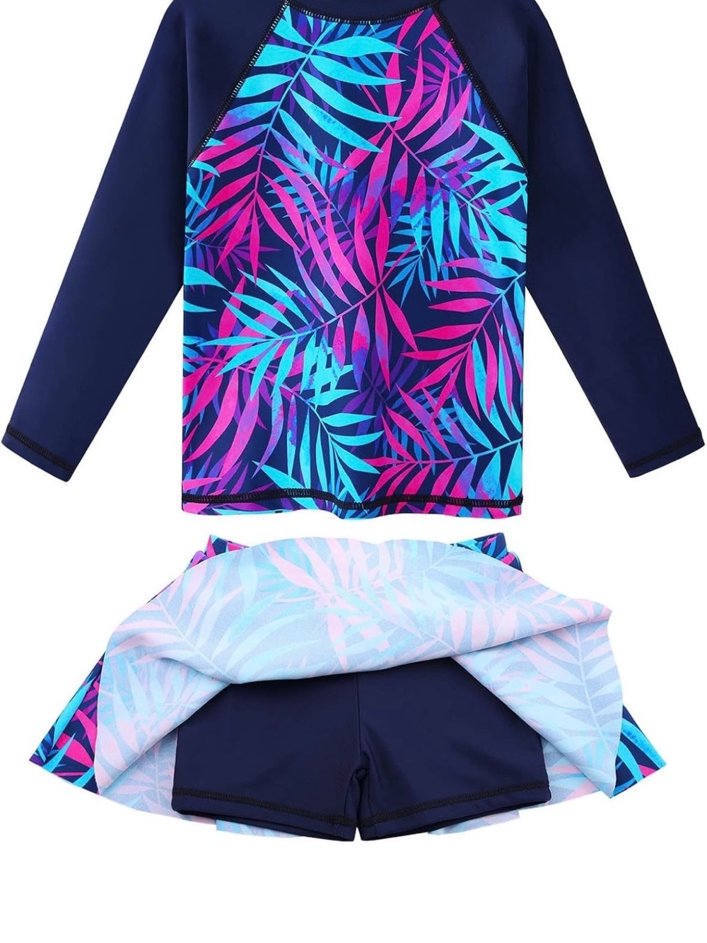 Kids Long Sleeve Rash Guard Set - Navy with Pink & Aqua Leaf Print